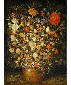 Jan Brueghel der Ältere, Großer Blumenstrauß in einem Holzgefäß