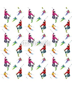 Aloksa, Skiers. Seamless texture watercolor