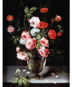 Ambrosius Brueghel, Rosen und Nelken in einer Glasvase auf einem Sims