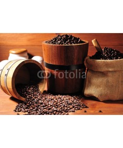 amenic181, Coffee beans in burlap sack and wooden bucket