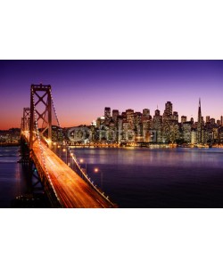 dell, San Francisco skyline and Bay Bridge at sunset, California