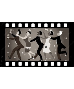 aleutie , Group of people dressed in 1920s fashion dancing in a conga line in an old movie frame