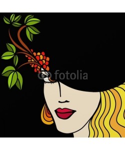 goccedicolore, donna con cappello a sfondo nero
