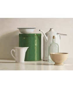 Willem de Bont, Green tin box, bottle, 2 jugs and 2 bowl