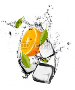 Jag_cz, Orange with ice cubes, isolated on white background
