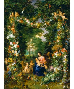 Jan Brueghel der Ältere, Hl. Familie in einem Blumenkranz