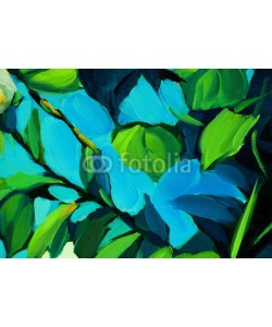 Mikhail Zahranichny, leaves against the blue sky, painting by oil on canvas, illustra