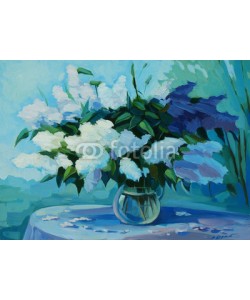 Mikhail Zahranichny, wet bouquet of  bird cherry and lilac, illustration, painting