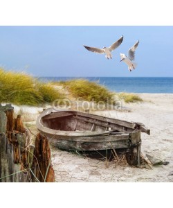 Visions-AD, altes Fischerboot, Möwen, Strand und Meer