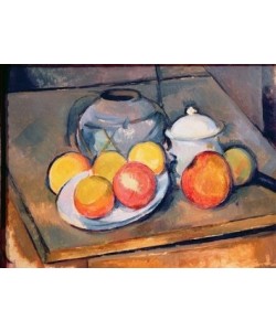 Paul Cézanne, Straw-covered vase, sugar bowl and apples, 1890-93 (oil on canvas) (also see 393804)