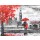 lisima, .oil painting on canvas, street view of london, river and bus on bridge. Artwork. Big ben. man and woman under a red umbrella