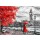 lisima, oil painting on canvas, street of london. Artwork. Big ben. man and woman under an red umbrella. Tree. England. Bridge and river