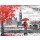 lisima, .oil painting on canvas, street view of london, river and bus on bridge. Artwork. Big ben. man and woman under a red umbrella